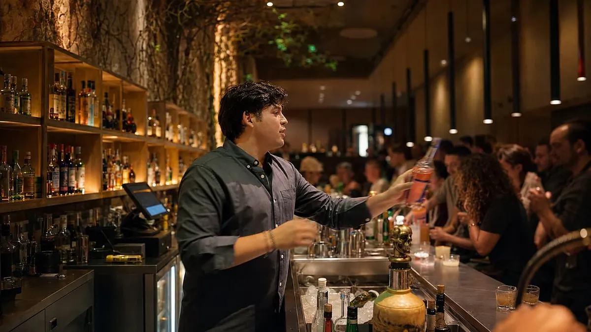 Bartender preparando cocteles con la barra llena