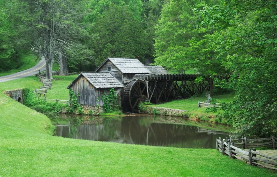 Cabaña de madera junto a un estanque y un bosque